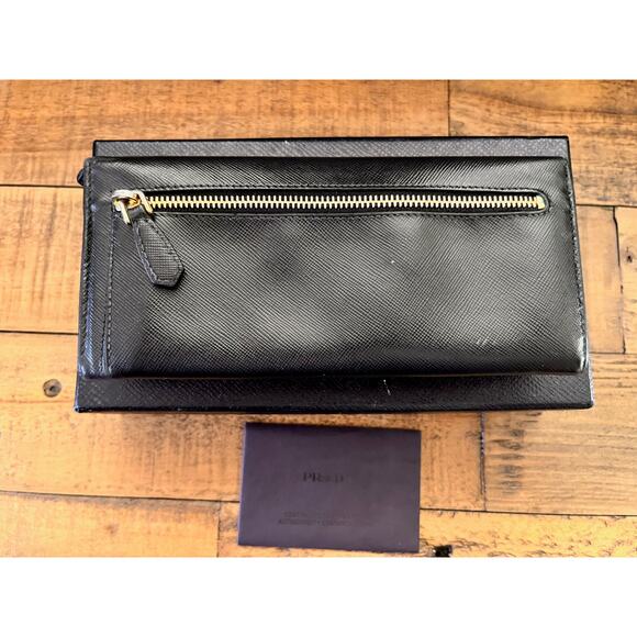 PRADA Black Saffiano Leather Continental Bow Wallet W/Authenticity Card and Box - Picture 7 of 16